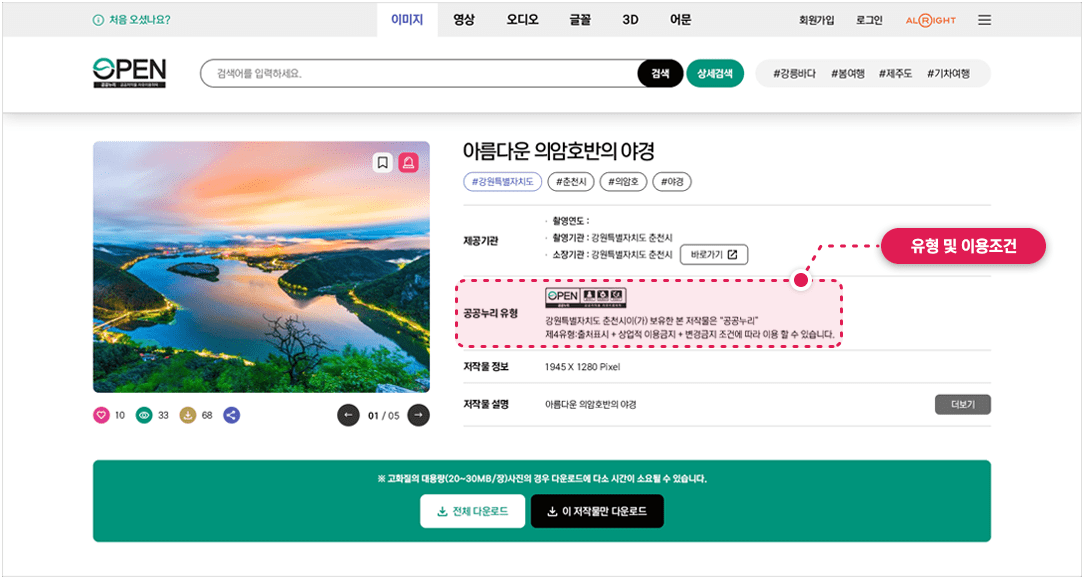 STEP 04 저작물에 적용된 공공누리 유형 및 이용조건 확인 / 유형 및 이용 조건