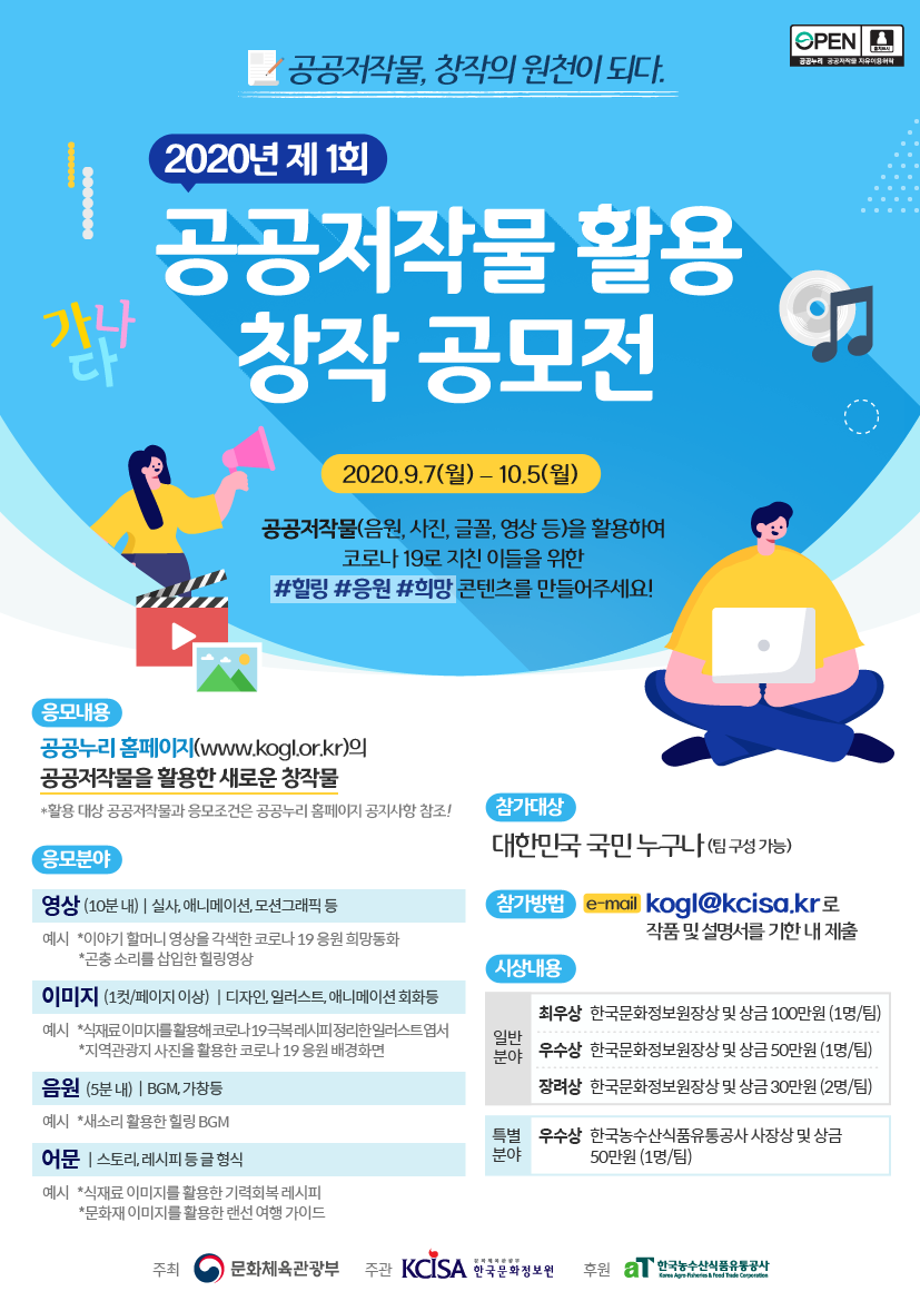 공공저작물, 창작의 원천이되다. ㅣ 2020년 제 1회 ㅣ 공공저작물 활용 창작 공모전 ㅣ ㅣ 2020.9.7.(월)-10.5(월) ㅣ 공공저작물(음원, 사진, 글꼴, 영상 등)을 활용하여 코로나 19로 지친 이들을 위한 #힐링 #응원 #희망 콘텐츠를 만들어주세요! ㅣ 응모내용 ㅣ 공공누리 홈페이지(www.kogl.or.kr)의 공공저작물을 활용한 새로운 창작물ㅣ *활용 대상 공공저작물과 응모조건은 공공누리 홈페이지 공지사항 참조! ㅣ 응모분야 ㅣ 영상(10분 내) ㅣ 실사, 애니메이션, 모션그래픽 등 ㅣ 예시 *이야기 할머니 영상을 각색한 코로나 10응원 희망동화 ㅣ *곤충 소리를 삽입한 힐링영상 ㅣ 이미지 (1컷/ 페이지 이상) ㅣ 디자인, 일러스트, 애니메이션 회화 등 ㅣ 예시 *식재료 이미지를 활용해 코로나 19 극복레시피 정리한 일러스트 엽서 *지역관광지 사진을 활용한 코로나 19응원 배경화면 ㅣ 음원(5분 내 ) ㅣ BGM, 가창등 ㅣ 예시 *새소리 활용한 힐링 BGM ㅣ 어문 ㅣ 스토리, 레시피 등 글 형식 ㅣ 예시 *식재료 이미지를 활용한 기력회복 레시피 ㅣ *문화재 이미지를 활용한 랜선 여행 가이드 ㅣ 참가대상 ㅣ 대한민국 국민 누구나 (팀 구성 가능) ㅣ 참가방법 ㅣ e-mail kogl@kcisa.kr 로 작품 및 설명서를 기한 내 제출 ㅣ 시상내용 ㅣ 일반분야 ㅣ 최우상 ㅣ 한국문화정보원장상 및 상금 100만원(1명/팀) ㅣ 우수상 ㅣ 한국문화정보원장상 및 상금 50만원(1명/팀) ㅣ 장려상 ㅣ 한국문화정보원장상 및 상금30만원(2명/팀) ㅣ 특별분야 ㅣ 우수상 ㅣ 한국농수산식ㅍ무유통공사 사장상 및 상금 50만원(1명/팀)ㅣ 주최 문화체육관광부 ㅣ 주관 한국문화정보원 ㅣ 후원 한국농수산식품유통공사 ㅣ  